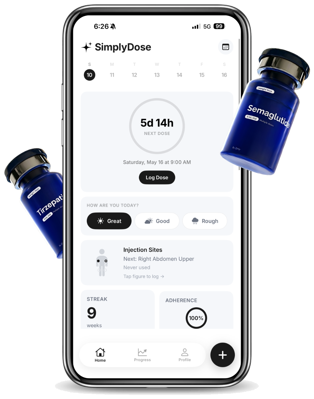 SimplyDose app on iPhone with Semaglutide and Tirzepatide vials